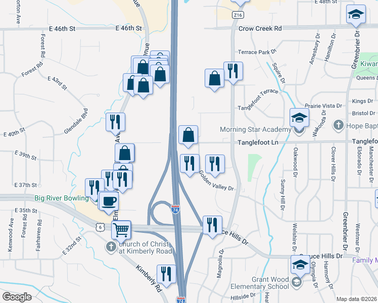 map of restaurants, bars, coffee shops, grocery stores, and more near 700-842 Tanglefoot Lane in Bettendorf