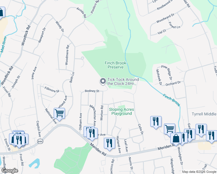 map of restaurants, bars, coffee shops, grocery stores, and more near 32 Crosswinds Lane in Waterbury
