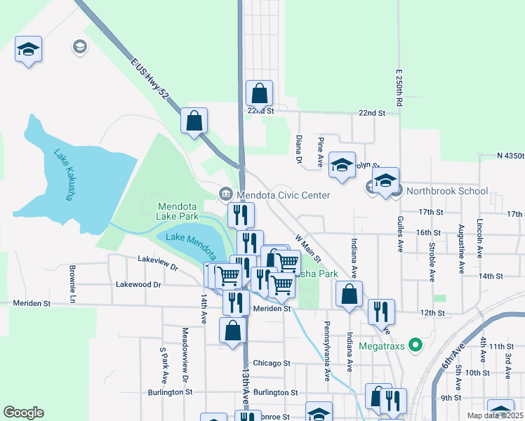 map of restaurants, bars, coffee shops, grocery stores, and more near 1708 West Main Street in Mendota