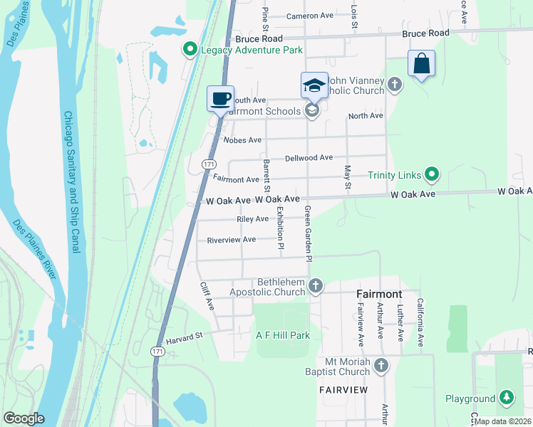map of restaurants, bars, coffee shops, grocery stores, and more near 133 West Oak Avenue in Lockport