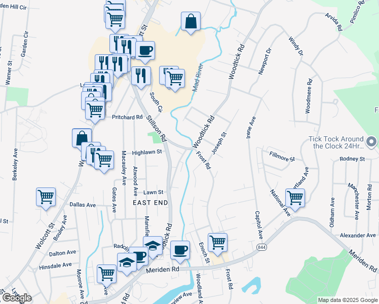 map of restaurants, bars, coffee shops, grocery stores, and more near 329 Woodtick Road in Wolcott