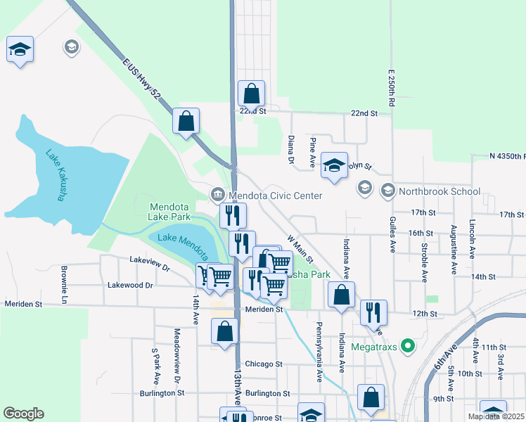 map of restaurants, bars, coffee shops, grocery stores, and more near 2300 West Main Street in Mendota
