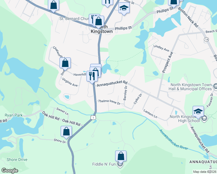 map of restaurants, bars, coffee shops, grocery stores, and more near 731 Annaquatucket Road in North Kingstown