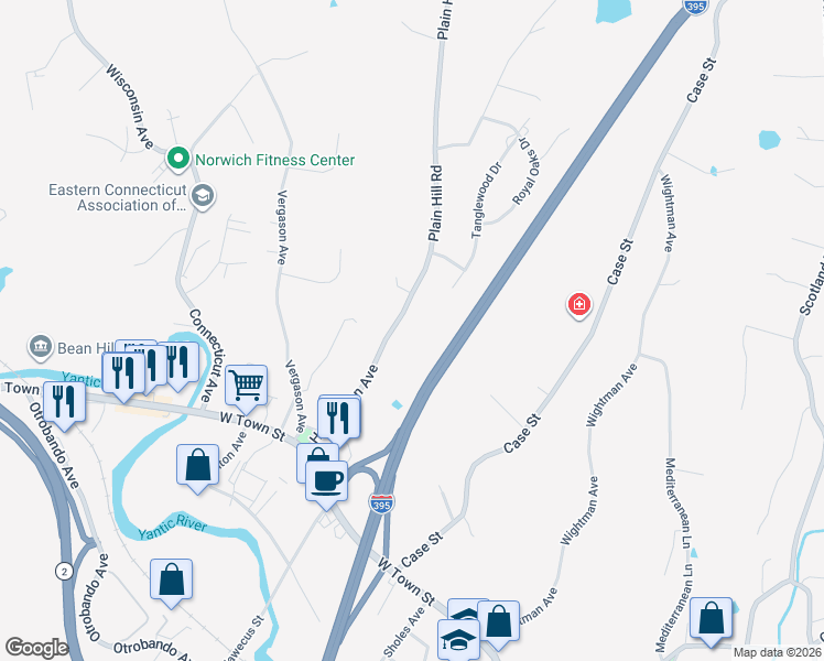 map of restaurants, bars, coffee shops, grocery stores, and more near 79 Plain Hill Road in Norwich