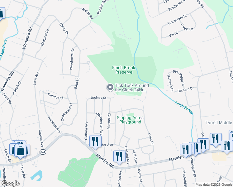 map of restaurants, bars, coffee shops, grocery stores, and more near 32 Crosswinds Lane in Waterbury