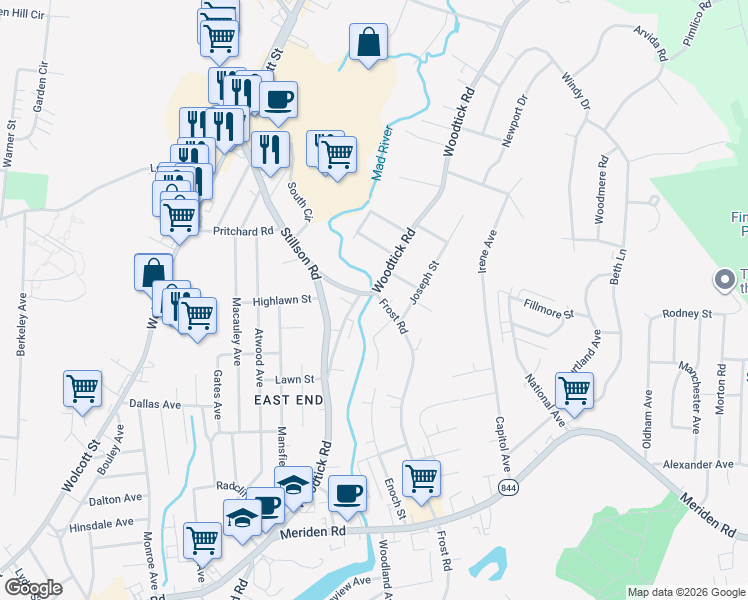 map of restaurants, bars, coffee shops, grocery stores, and more near 329 Woodtick Road in Wolcott