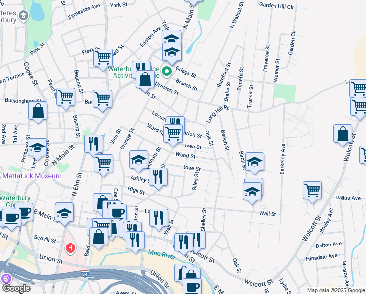 map of restaurants, bars, coffee shops, grocery stores, and more near 28 Irion Street in Waterbury