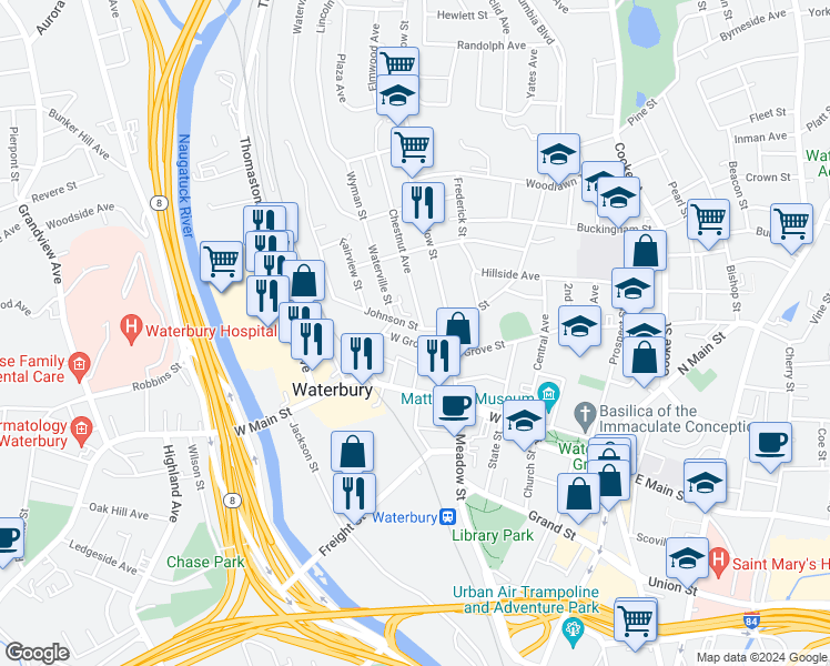map of restaurants, bars, coffee shops, grocery stores, and more near 23 Chestnut Avenue in Waterbury