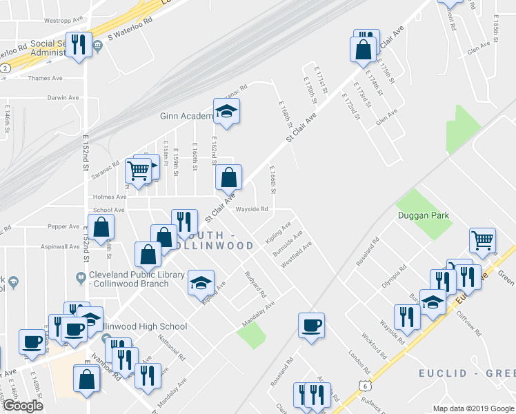 map of restaurants, bars, coffee shops, grocery stores, and more near 16412 Saint Clair Avenue in Cleveland