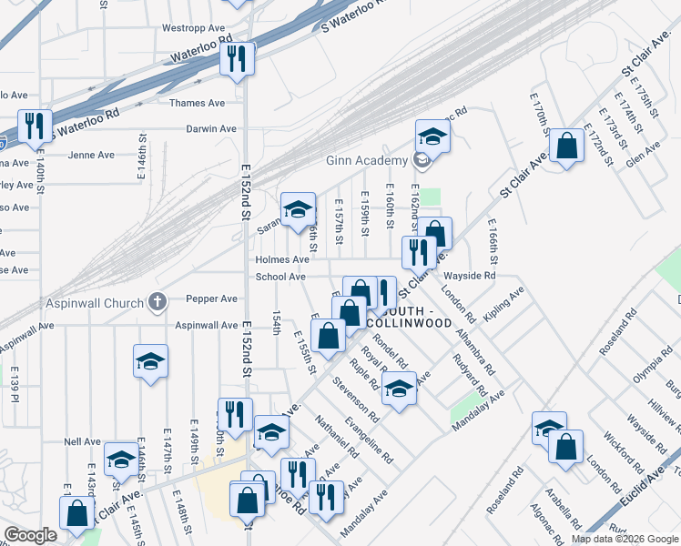 map of restaurants, bars, coffee shops, grocery stores, and more near 15621 Holmes Avenue in Cleveland