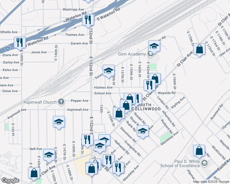 map of restaurants, bars, coffee shops, grocery stores, and more near 15621 Holmes Avenue in Cleveland