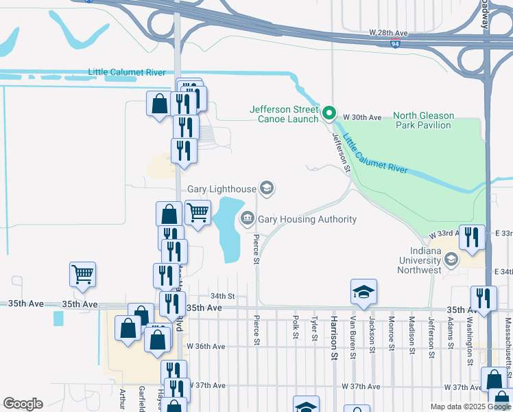map of restaurants, bars, coffee shops, grocery stores, and more near 3201 Pierce Street in Gary