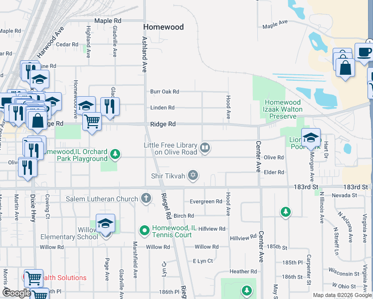 map of restaurants, bars, coffee shops, grocery stores, and more near 1463 Ridge Road in Homewood
