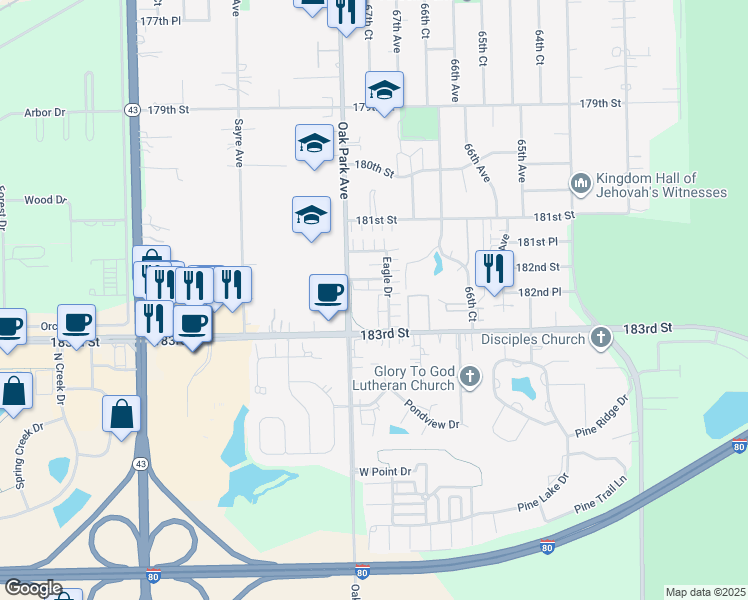 map of restaurants, bars, coffee shops, grocery stores, and more near 6736 White Tailed Lane in Tinley Park