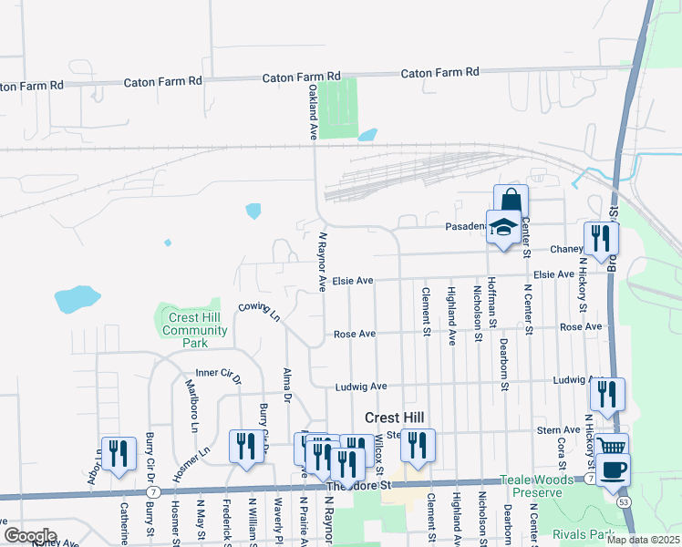 map of restaurants, bars, coffee shops, grocery stores, and more near 712 Elsie Avenue in Crest Hill