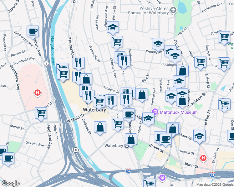 map of restaurants, bars, coffee shops, grocery stores, and more near 23 Chestnut Avenue in Waterbury