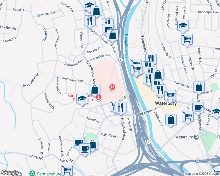 map of restaurants, bars, coffee shops, grocery stores, and more near 64 Robbins Street in Waterbury