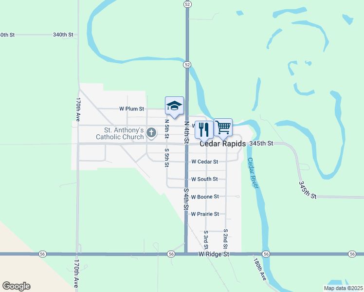 map of restaurants, bars, coffee shops, grocery stores, and more near 423 West Main Street in Cedar Rapids