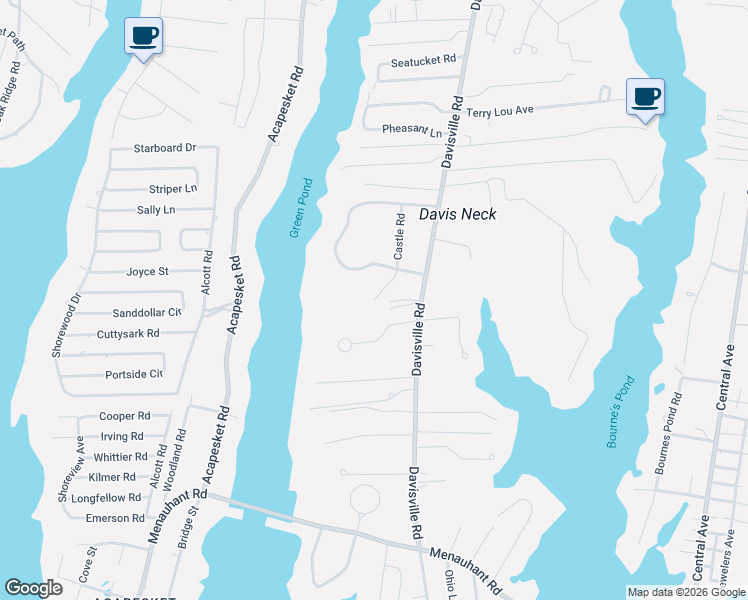 map of restaurants, bars, coffee shops, grocery stores, and more near 97 Castle Road in Falmouth