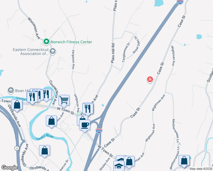 map of restaurants, bars, coffee shops, grocery stores, and more near 79 Plain Hill Road in Norwich