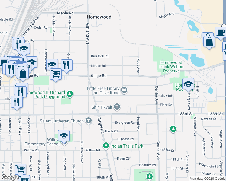 map of restaurants, bars, coffee shops, grocery stores, and more near 1463 Ridge Road in Homewood