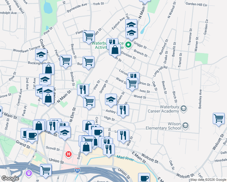 map of restaurants, bars, coffee shops, grocery stores, and more near 48 Wood Street in Waterbury