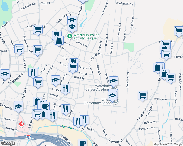map of restaurants, bars, coffee shops, grocery stores, and more near 52 Oak Street in Waterbury