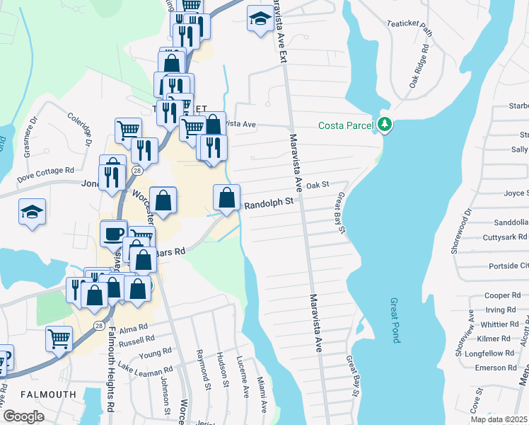 map of restaurants, bars, coffee shops, grocery stores, and more near 24 Randolph Street in Falmouth