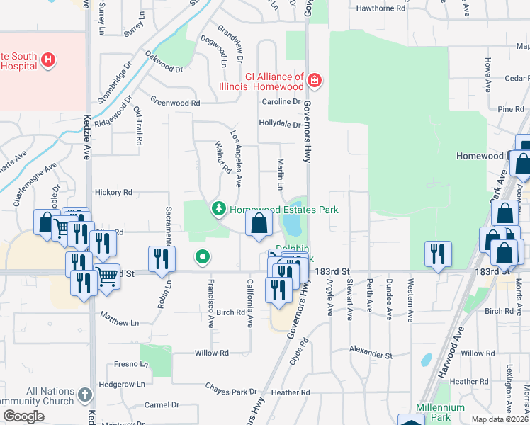 map of restaurants, bars, coffee shops, grocery stores, and more near 18116 Cherrywood Lane in Homewood