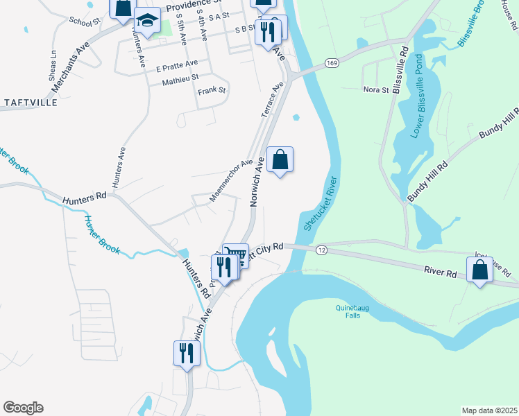 map of restaurants, bars, coffee shops, grocery stores, and more near 300 Norwich Avenue in Norwich