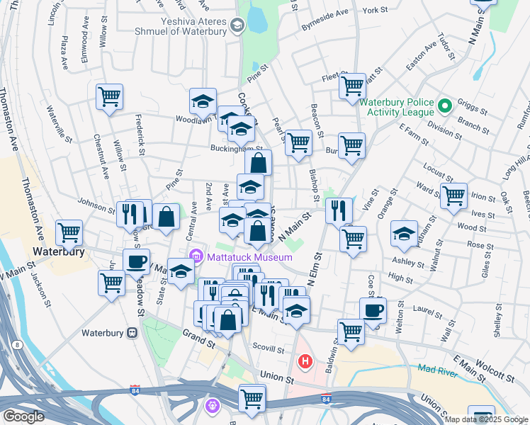 map of restaurants, bars, coffee shops, grocery stores, and more near 96 Grove Street in Waterbury