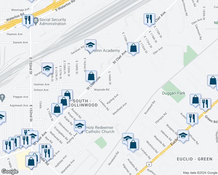 map of restaurants, bars, coffee shops, grocery stores, and more near 16530 Saint Clair Avenue in Cleveland