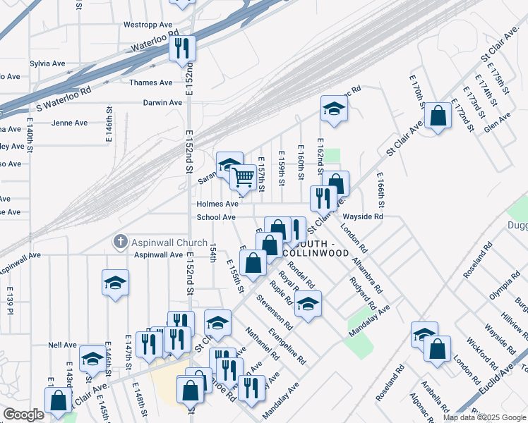 map of restaurants, bars, coffee shops, grocery stores, and more near 15621 Holmes Avenue in Cleveland
