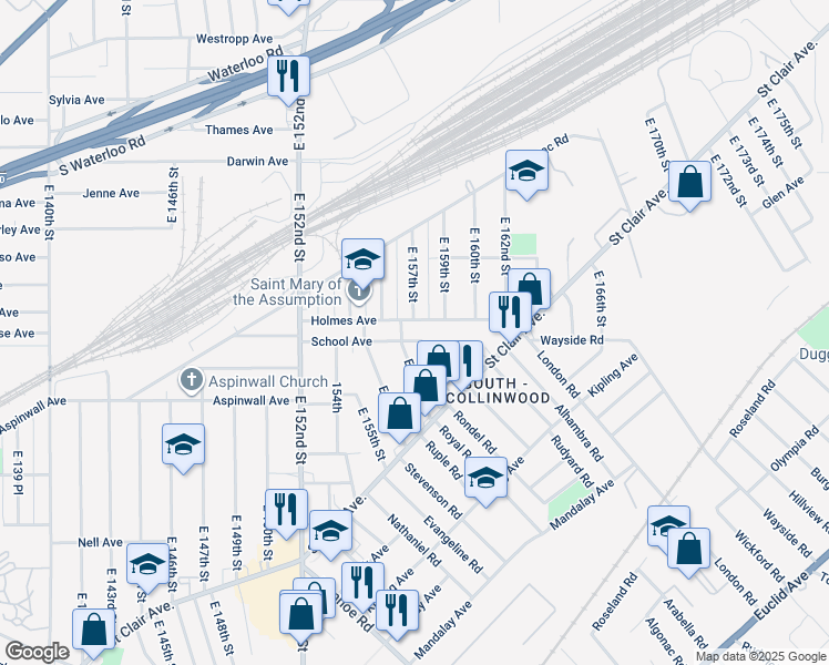 map of restaurants, bars, coffee shops, grocery stores, and more near 15621 Holmes Avenue in Cleveland