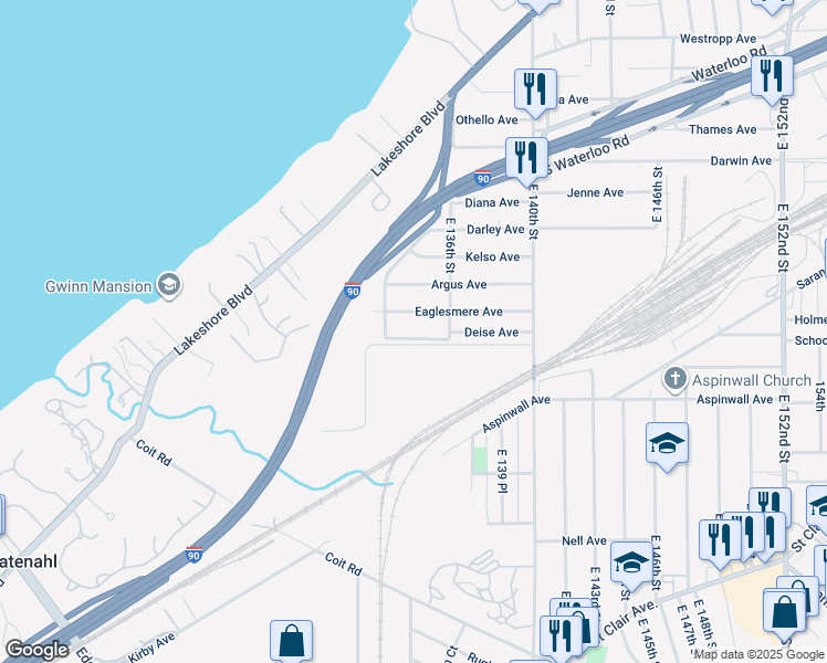 map of restaurants, bars, coffee shops, grocery stores, and more near 13420 Eaglesmere Avenue in Cleveland