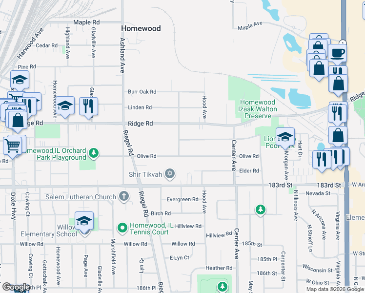 map of restaurants, bars, coffee shops, grocery stores, and more near 18120 Loomis Avenue in Homewood