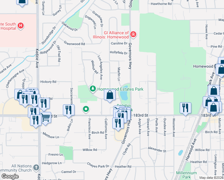 map of restaurants, bars, coffee shops, grocery stores, and more near 18116 Cherrywood Lane in Homewood