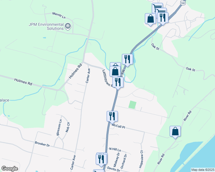 map of restaurants, bars, coffee shops, grocery stores, and more near 11 Lattintown Road in Newburgh