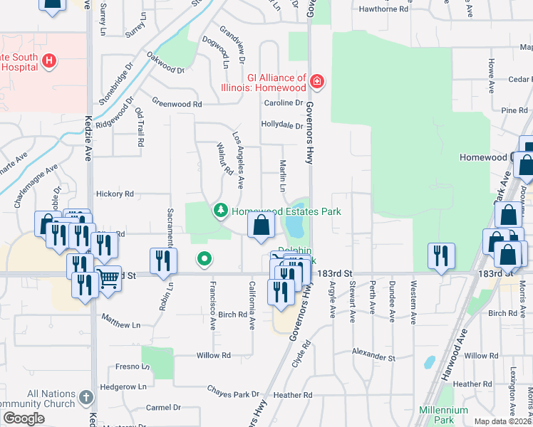 map of restaurants, bars, coffee shops, grocery stores, and more near 18116 Cherrywood Lane in Homewood