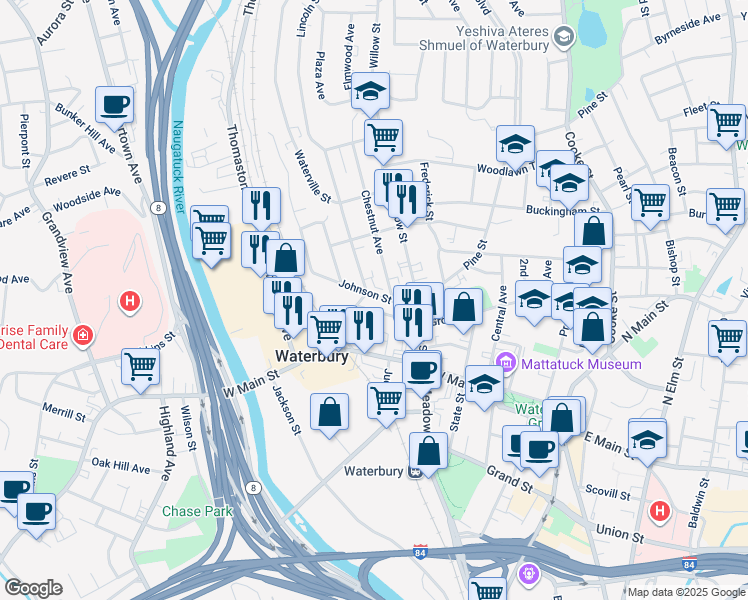 map of restaurants, bars, coffee shops, grocery stores, and more near 49 Johnson Street in Waterbury