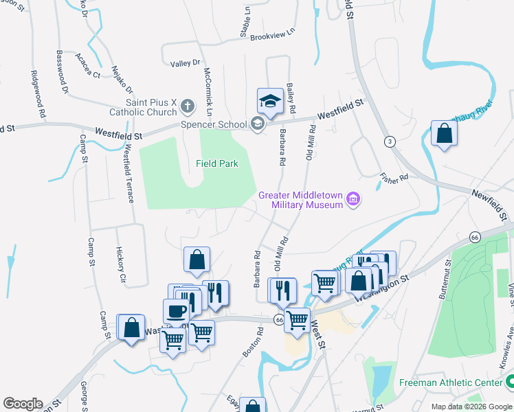 map of restaurants, bars, coffee shops, grocery stores, and more near 80 Nathan Hale Road in Middletown