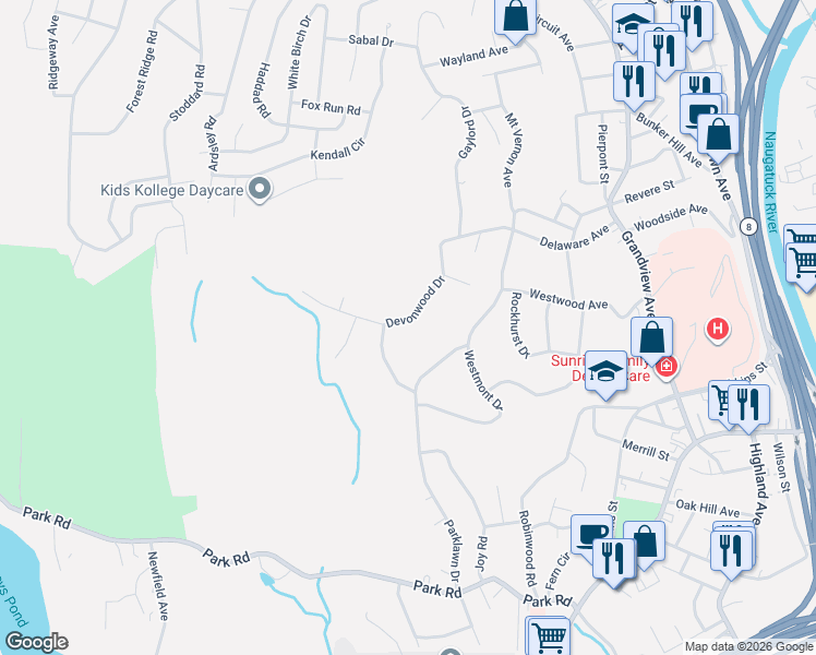 map of restaurants, bars, coffee shops, grocery stores, and more near 47 Devonwood Drive in Waterbury