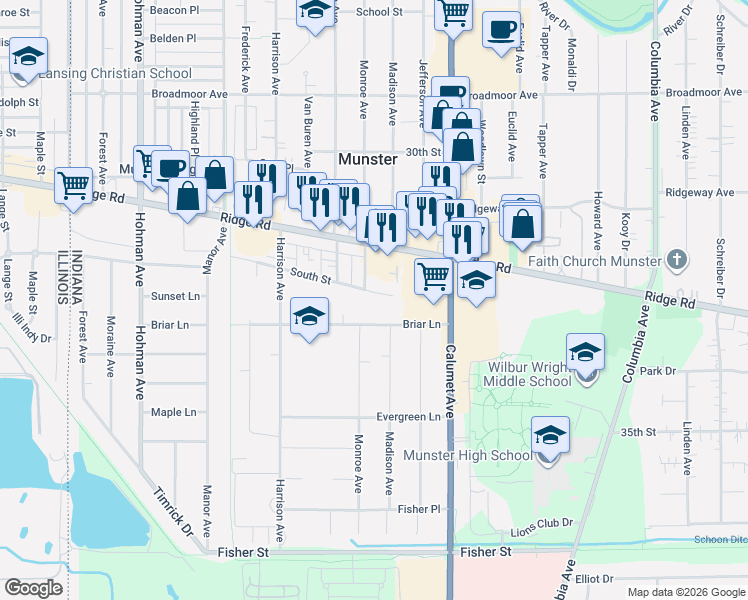 map of restaurants, bars, coffee shops, grocery stores, and more near 8336 Monroe Avenue in Munster