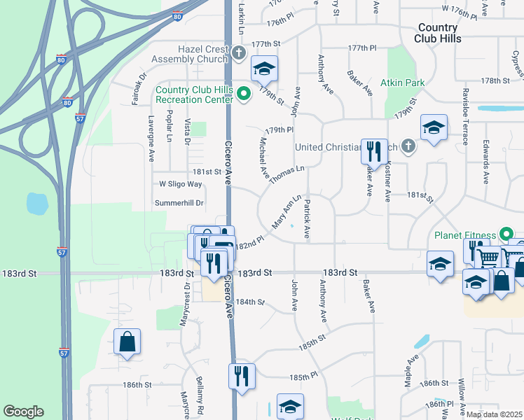 map of restaurants, bars, coffee shops, grocery stores, and more near 18125 Thomas Lane in Country Club Hills