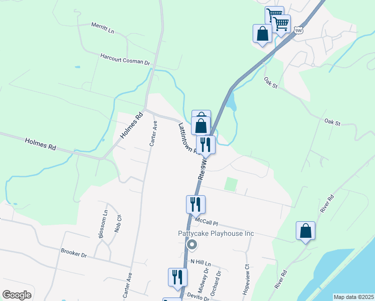 map of restaurants, bars, coffee shops, grocery stores, and more near 11 Lattintown Road in Newburgh