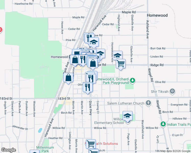 map of restaurants, bars, coffee shops, grocery stores, and more near 1939 Hickory Road in Homewood
