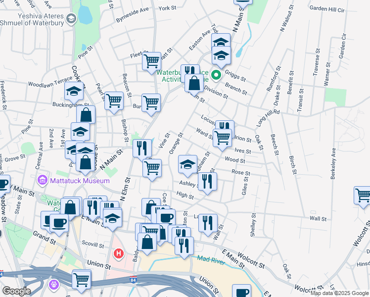 map of restaurants, bars, coffee shops, grocery stores, and more near 48 Wood Street in Waterbury