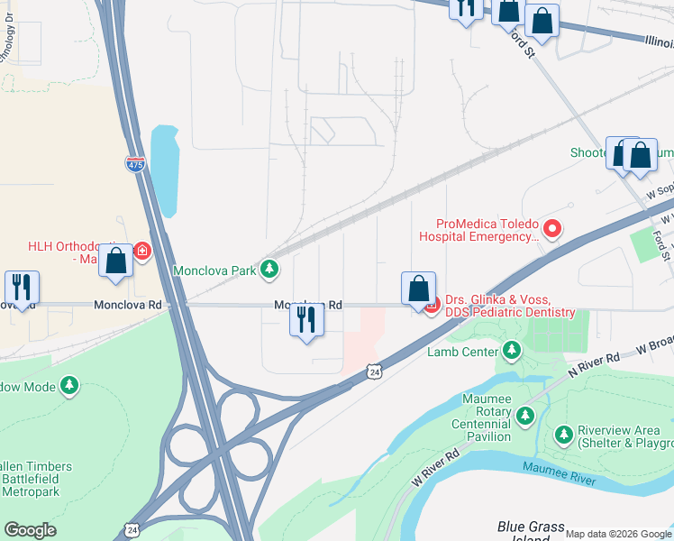 map of restaurants, bars, coffee shops, grocery stores, and more near 4410 Margrete Drive in Maumee