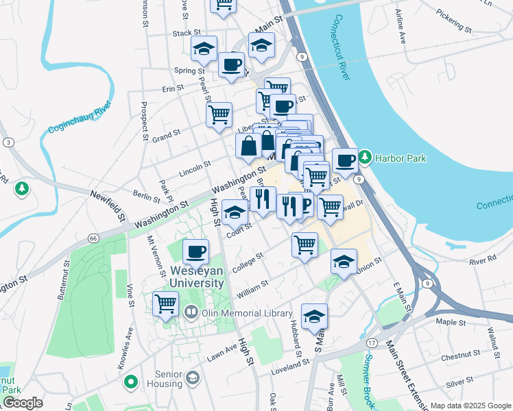 map of restaurants, bars, coffee shops, grocery stores, and more near 151 Broad Street in Middletown