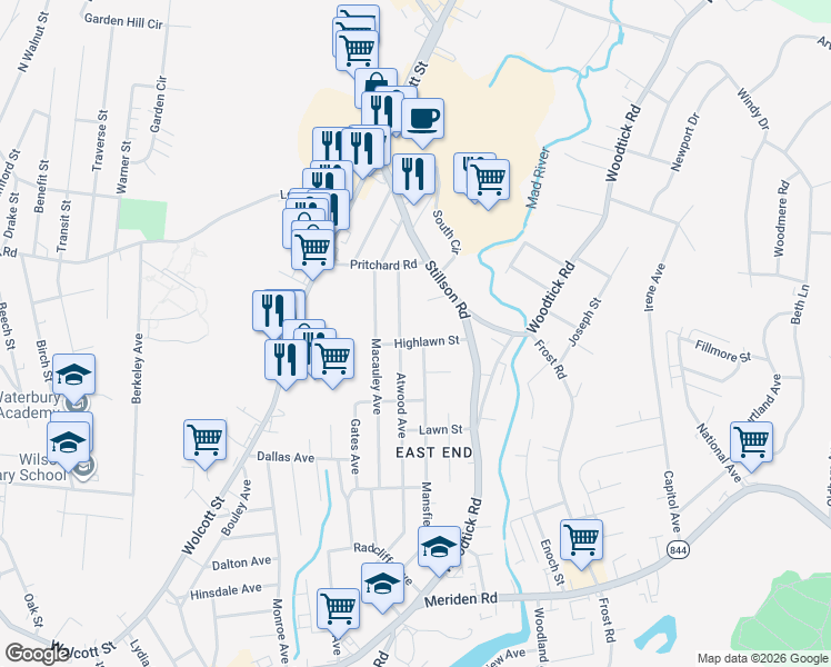 map of restaurants, bars, coffee shops, grocery stores, and more near 54 Highlawn Street in Waterbury